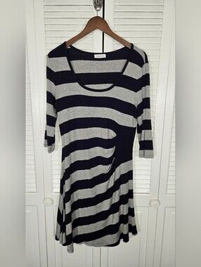 Calvin Klein Striped Knit Sheath Scoop Neck 3/4 Sleeve Side Ruching Midi Dress